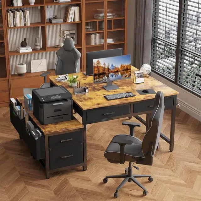 Alt view image 4 of 7 - Lufeiya Computer Desk with Fabric File Drawers Cabinet, 57 Inch Home Office Desks with Filing Cabinet Printer Stand for Small Space, Study Writing Table PC Gaming Desks for Bedroom, Brown Black