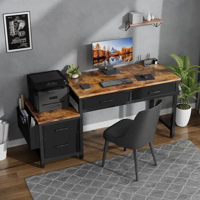 Alt view image 5 of 7 - Lufeiya Computer Desk with Fabric File Drawers Cabinet, 57 Inch Home Office Desks with Filing Cabinet Printer Stand for Small Space, Study Writing Table PC Gaming Desks for Bedroom, Brown Black