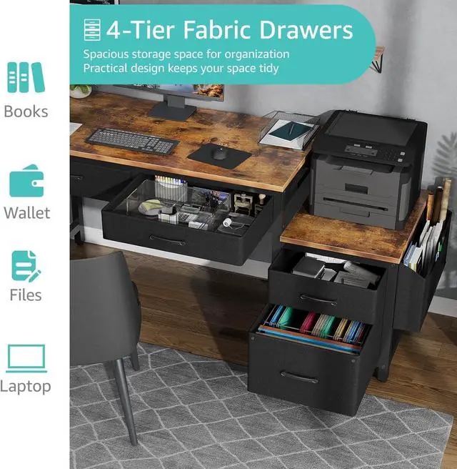 Alt view image 6 of 7 - Lufeiya Computer Desk with Fabric File Drawers Cabinet, 57 Inch Home Office Desks with Filing Cabinet Printer Stand for Small Space, Study Writing Table PC Gaming Desks for Bedroom, Brown Black