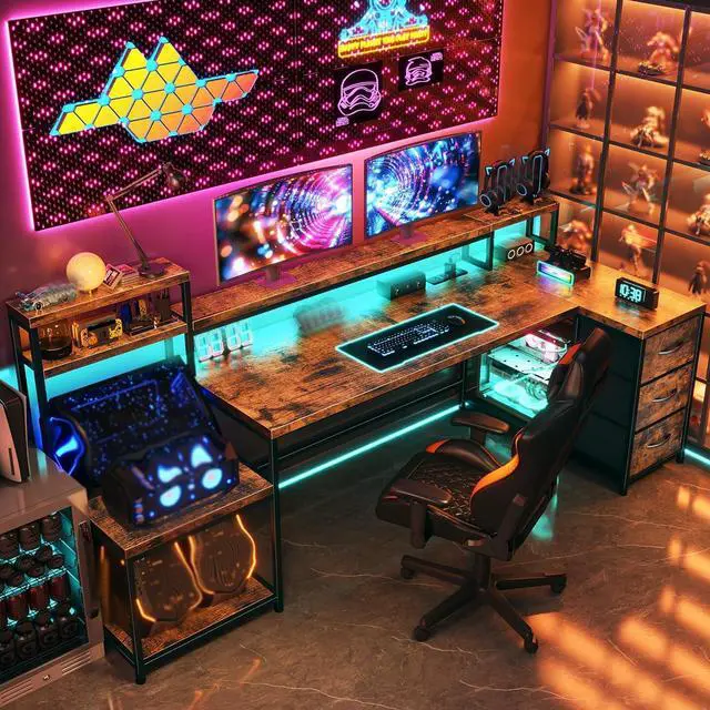 Alt view image 4 of 7 - EnHomee 71" L Shaped Computer Desk with 3 Drawers & Hutch,Reversible Gaming Desk with LED Lights & Power Outlet,Home Office Desks with Monitor Stand & Printer Shelf for Student School Rustic Brown