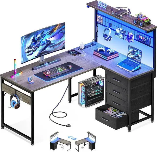 Main image of MOTPK L Shaped Gaming Desk with Shelf & 4 Drawers, 43" Reversible Computer Desk with LED Light, Home Office Table with Hutch and Hook, Oak Grey