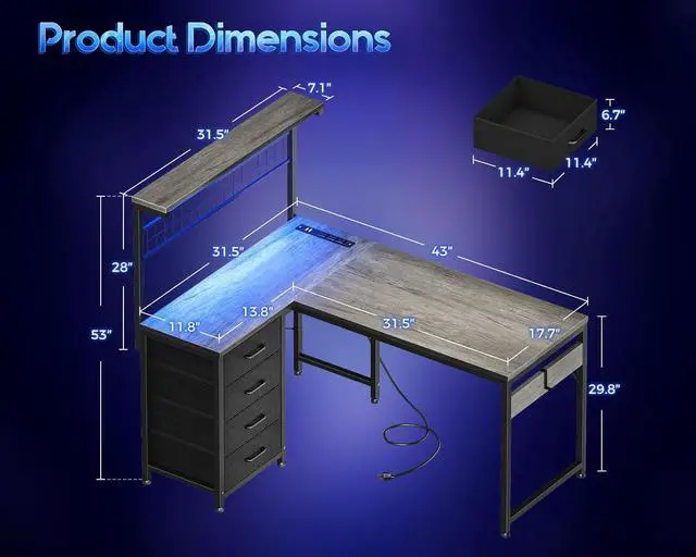 Alt view image 2 of 7 - MOTPK L Shaped Gaming Desk with Shelf & 4 Drawers, 43" Reversible Computer Desk with LED Light, Home Office Table with Hutch and Hook, Oak Grey