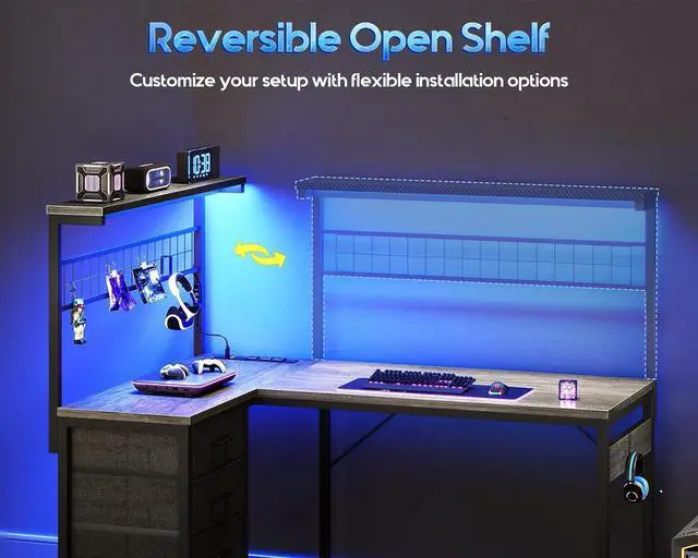 Alt view image 3 of 7 - MOTPK L Shaped Gaming Desk with Shelf & 4 Drawers, 43" Reversible Computer Desk with LED Light, Home Office Table with Hutch and Hook, Oak Grey