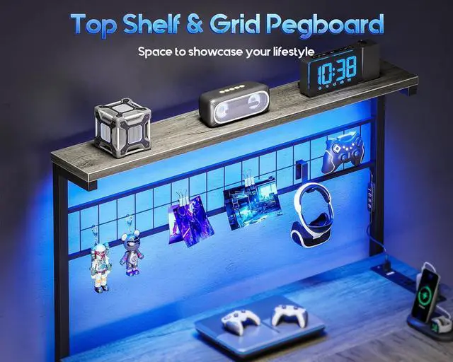 Alt view image 4 of 7 - MOTPK L Shaped Gaming Desk with Shelf & 4 Drawers, 43" Reversible Computer Desk with LED Light, Home Office Table with Hutch and Hook, Oak Grey