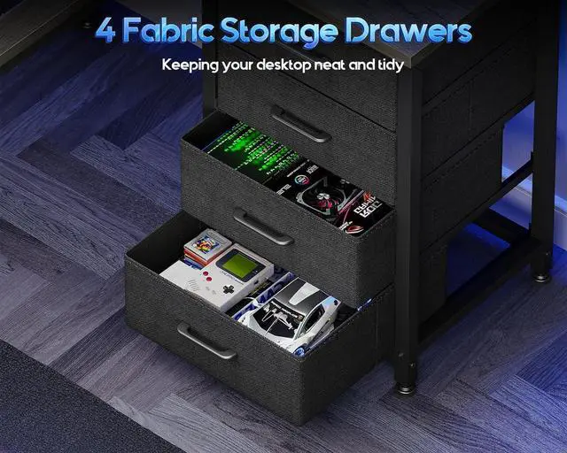 Alt view image 5 of 7 - MOTPK L Shaped Gaming Desk with Shelf & 4 Drawers, 43" Reversible Computer Desk with LED Light, Home Office Table with Hutch and Hook, Oak Grey