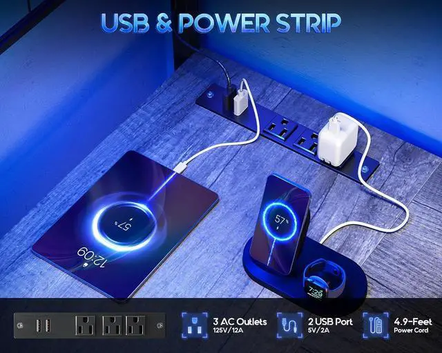 Alt view image 6 of 7 - MOTPK L Shaped Gaming Desk with Shelf & 4 Drawers, 43" Reversible Computer Desk with LED Light, Home Office Table with Hutch and Hook, Oak Grey