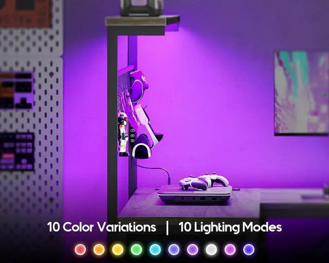 Alt view image 7 of 7 - MOTPK L Shaped Gaming Desk with Shelf & 4 Drawers, 43" Reversible Computer Desk with LED Light, Home Office Table with Hutch and Hook, Oak Grey