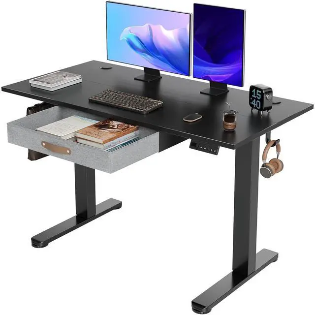 Main image of Seang Standing Desk with Drawer, 48" x 24" Height Adjustable Stand Up Desk, 3 Memory Height Settings with Cable Grommets & Storage Hooks, Ideal for Home & Office, Black