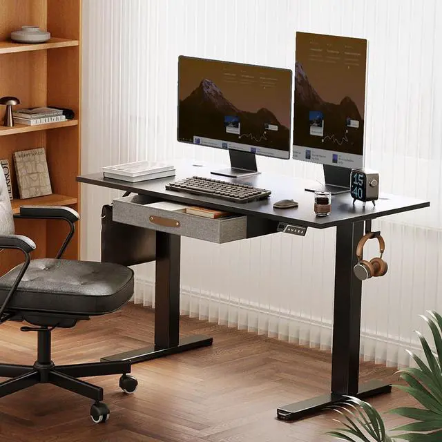 Alt view image 2 of 7 - Seang Standing Desk with Drawer, 48" x 24" Height Adjustable Stand Up Desk, 3 Memory Height Settings with Cable Grommets & Storage Hooks, Ideal for Home & Office, Black