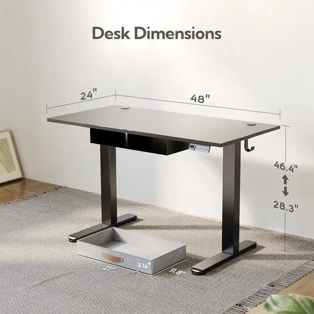 Alt view image 3 of 7 - Seang Standing Desk with Drawer, 48" x 24" Height Adjustable Stand Up Desk, 3 Memory Height Settings with Cable Grommets & Storage Hooks, Ideal for Home & Office, Black