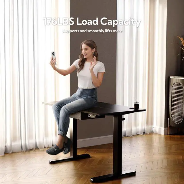 Alt view image 4 of 7 - Seang Standing Desk with Drawer, 48" x 24" Height Adjustable Stand Up Desk, 3 Memory Height Settings with Cable Grommets & Storage Hooks, Ideal for Home & Office, Black