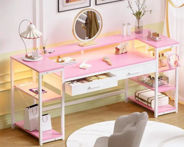 Main image of Pamray 58 Inch Computer Desk with Monitor Stand and Shelves Gaming Desk with LED Lights & Power Outlets PC Vanity Table with 2 Drawers for Home Office Pink