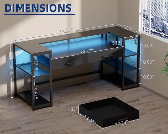 Alt view image 2 of 7 - Pamray 58 Inch Computer Desk with Monitor Stand and Shelves Gaming Desk with LED Lights & Power Outlets PC Vanity Table with 2 Drawers for Home Office White