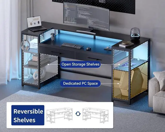 Alt view image 4 of 7 - Pamray 58 Inch Computer Desk with Monitor Stand and Shelves Gaming Desk with LED Lights & Power Outlets PC Vanity Table with 2 Drawers for Home Office White