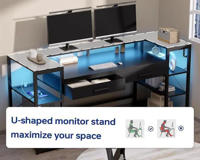 Alt view image 6 of 7 - Pamray 58 Inch Computer Desk with Monitor Stand and Shelves Gaming Desk with LED Lights & Power Outlets PC Vanity Table with 2 Drawers for Home Office White