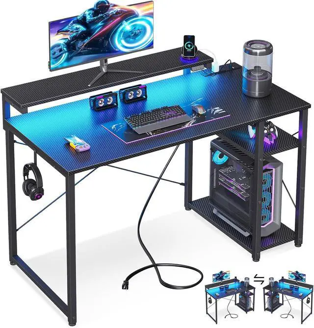 Main image of MOTPK 40 Inch Small Gaming Desk with Storage & Led Lights, Computer Desk with Power Outlet & Shelf, Reversible Gamer Desk with Adjustable Monitor Stand, Carbon Fiber Texture Black