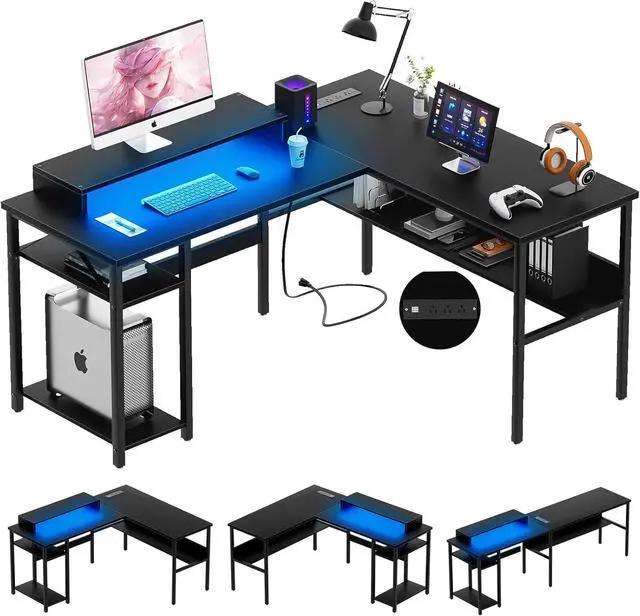 Main image of Unikito Reversible L Shaped Desk with Magic Power Outlets and Smart LED Light, Sturdy Corner Computer Desk with Monitor Stand & Storage Shelves, Gaming Table Home Office Desk, Easy Assembly, Black
