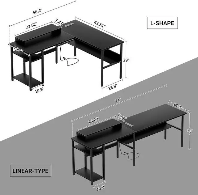 Alt view image 3 of 7 - Unikito Reversible L Shaped Desk with Magic Power Outlets and Smart LED Light, Sturdy Corner Computer Desk with Monitor Stand & Storage Shelves, Gaming Table Home Office Desk, Easy Assembly, Black