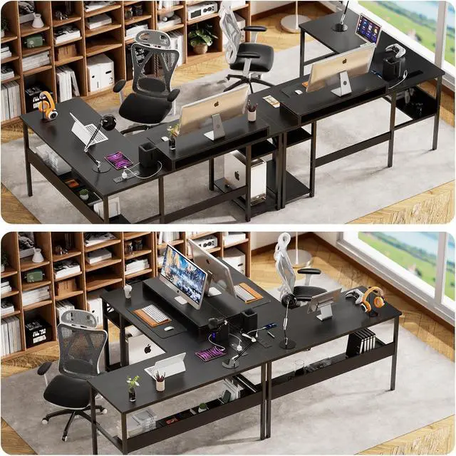 Alt view image 4 of 7 - Unikito Reversible L Shaped Desk with Magic Power Outlets and Smart LED Light, Sturdy Corner Computer Desk with Monitor Stand & Storage Shelves, Gaming Table Home Office Desk, Easy Assembly, Black