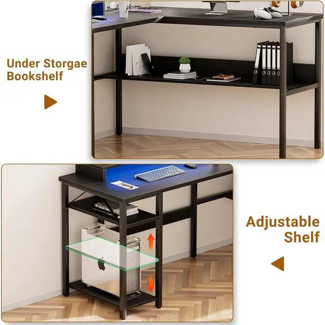 Alt view image 7 of 7 - Unikito Reversible L Shaped Desk with Magic Power Outlets and Smart LED Light, Sturdy Corner Computer Desk with Monitor Stand & Storage Shelves, Gaming Table Home Office Desk, Easy Assembly, Black