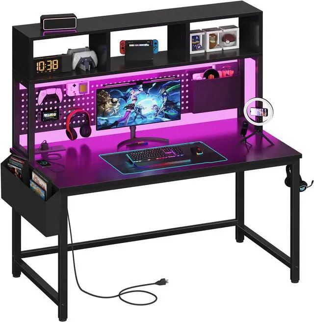 Main image of Black Gaming Desk with Hutch and Pegboard - 47 Inch Gaming Desk with Shelves Storage Power Outlets, Computer Teen Work Study Writing Desks for Bedroom Home Office