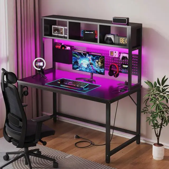Alt view image 2 of 7 - Black Gaming Desk with Hutch and Pegboard - 47 Inch Gaming Desk with Shelves Storage Power Outlets, Computer Teen Work Study Writing Desks for Bedroom Home Office