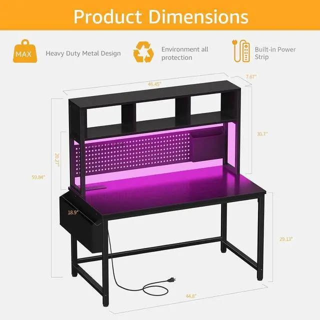 Alt view image 3 of 7 - Black Gaming Desk with Hutch and Pegboard - 47 Inch Gaming Desk with Shelves Storage Power Outlets, Computer Teen Work Study Writing Desks for Bedroom Home Office