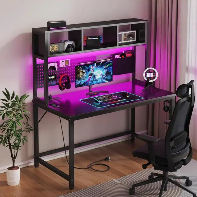 Alt view image 5 of 7 - Black Gaming Desk with Hutch and Pegboard - 47 Inch Gaming Desk with Shelves Storage Power Outlets, Computer Teen Work Study Writing Desks for Bedroom Home Office