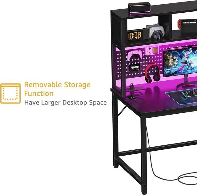 Alt view image 6 of 7 - Black Gaming Desk with Hutch and Pegboard - 47 Inch Gaming Desk with Shelves Storage Power Outlets, Computer Teen Work Study Writing Desks for Bedroom Home Office