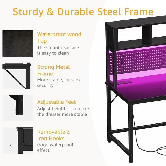 Alt view image 7 of 7 - Black Gaming Desk with Hutch and Pegboard - 47 Inch Gaming Desk with Shelves Storage Power Outlets, Computer Teen Work Study Writing Desks for Bedroom Home Office