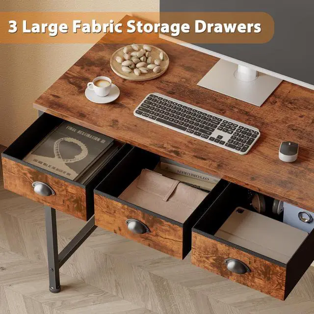 Alt view image 4 of 7 - Furologee Small Computer Desk with 3 Fabric Drawers, 40 Inch Simple Home Office Desk, Writing Desk with Hooks, Study Table for Working Small Spaces, Makeup Desk for Bedroom, Rustic Brown