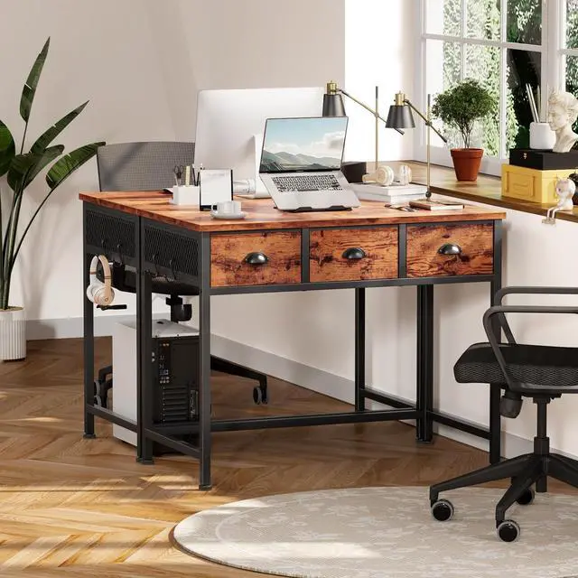 Alt view image 2 of 7 - Furologee Small Computer Desk with 3 Fabric Drawers, 40 Inch Simple Home Office Desk, Writing Desk with Hooks, Study Table for Working Small Spaces, Makeup Desk for Bedroom, Rustic Brown
