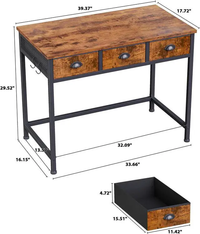 Alt view image 3 of 7 - Furologee Small Computer Desk with 3 Fabric Drawers, 40 Inch Simple Home Office Desk, Writing Desk with Hooks, Study Table for Working Small Spaces, Makeup Desk for Bedroom, Rustic Brown