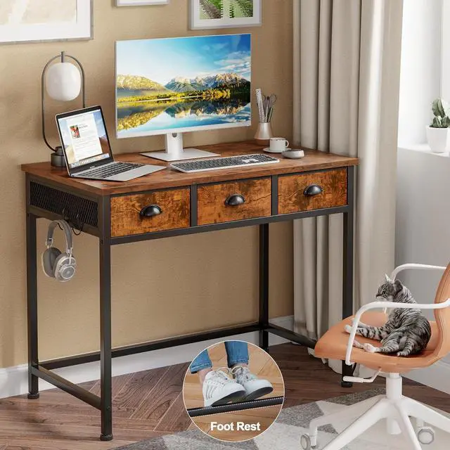 Alt view image 6 of 7 - Furologee Small Computer Desk with 3 Fabric Drawers, 40 Inch Simple Home Office Desk, Writing Desk with Hooks, Study Table for Working Small Spaces, Makeup Desk for Bedroom, Rustic Brown