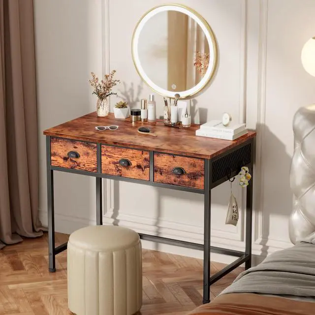 Alt view image 7 of 7 - Furologee Small Computer Desk with 3 Fabric Drawers, 40 Inch Simple Home Office Desk, Writing Desk with Hooks, Study Table for Working Small Spaces, Makeup Desk for Bedroom, Rustic Brown
