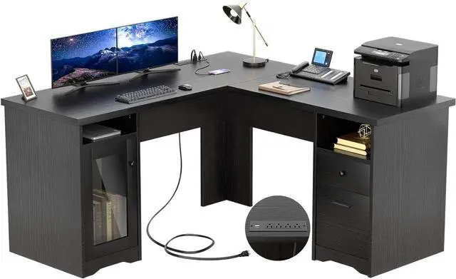 Main image of Unikito L Shaped Office Desk with Drawer, 60 Inch Computer Desk with Power Outlet & USB Charging Port, Large Corner Desk with File Cabinets, 2 Person Sturdy Executive Desk with Storage Cabinet, Black