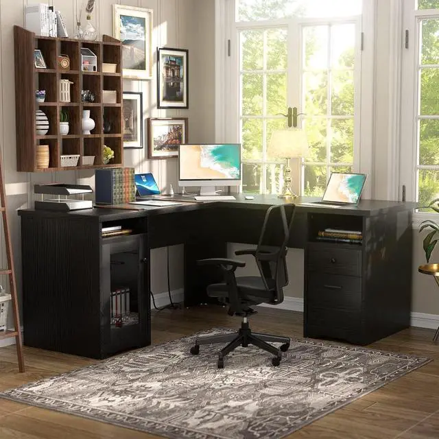 Alt view image 2 of 7 - Unikito L Shaped Office Desk with Drawer, 60 Inch Computer Desk with Power Outlet & USB Charging Port, Large Corner Desk with File Cabinets, 2 Person Sturdy Executive Desk with Storage Cabinet, Black