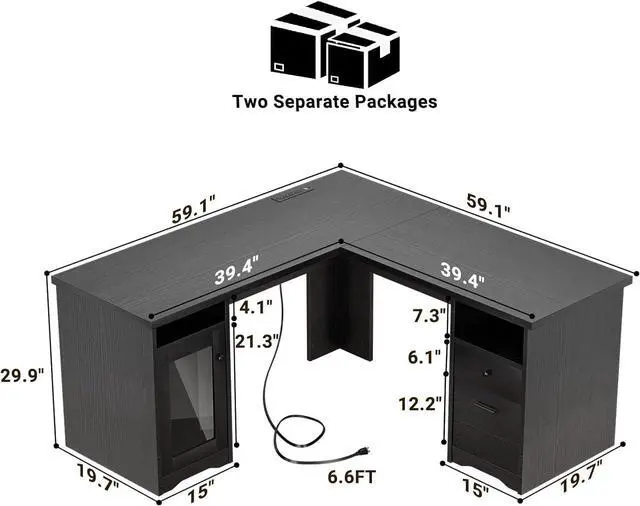 Alt view image 3 of 7 - Unikito L Shaped Office Desk with Drawer, 60 Inch Computer Desk with Power Outlet & USB Charging Port, Large Corner Desk with File Cabinets, 2 Person Sturdy Executive Desk with Storage Cabinet, Black
