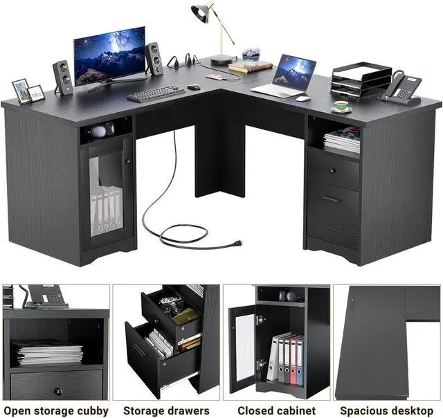 Alt view image 4 of 7 - Unikito L Shaped Office Desk with Drawer, 60 Inch Computer Desk with Power Outlet & USB Charging Port, Large Corner Desk with File Cabinets, 2 Person Sturdy Executive Desk with Storage Cabinet, Black