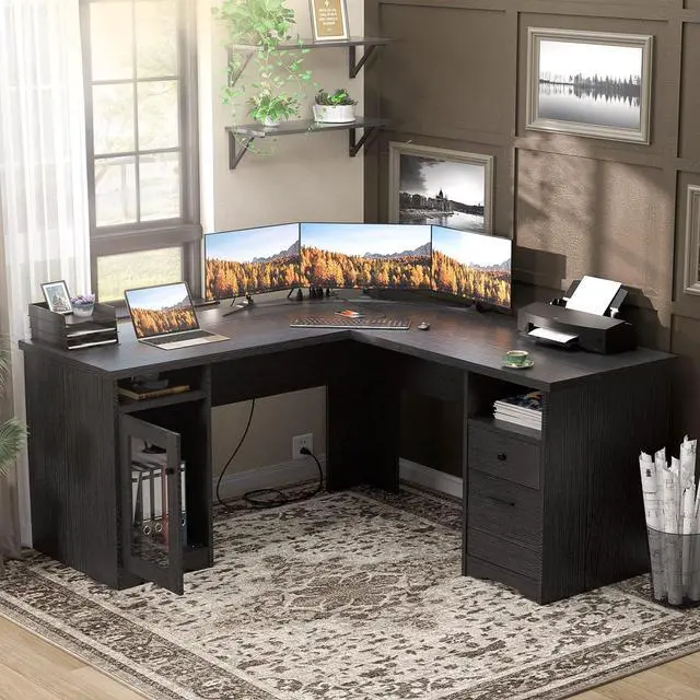 Alt view image 5 of 7 - Unikito L Shaped Office Desk with Drawer, 60 Inch Computer Desk with Power Outlet & USB Charging Port, Large Corner Desk with File Cabinets, 2 Person Sturdy Executive Desk with Storage Cabinet, Black