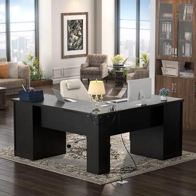 Alt view image 7 of 7 - Unikito L Shaped Office Desk with Drawer, 60 Inch Computer Desk with Power Outlet & USB Charging Port, Large Corner Desk with File Cabinets, 2 Person Sturdy Executive Desk with Storage Cabinet, Black