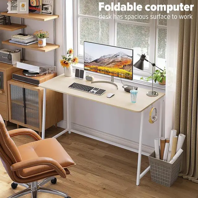 Alt view image 4 of 7 - WOHOMO Folding Desk, Small Foldable Desk 47.2" for Small Spaces, Space Saving Computer Table Writing Workstation for Home Office, Easy Assembly, Oak