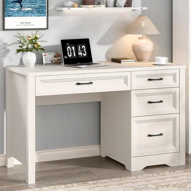 Main image of Vabches Farmhouse Executive Desk with Storage and Ample File Drawer, Rustic Large Home Writing Desk for Bedroom, Pure White