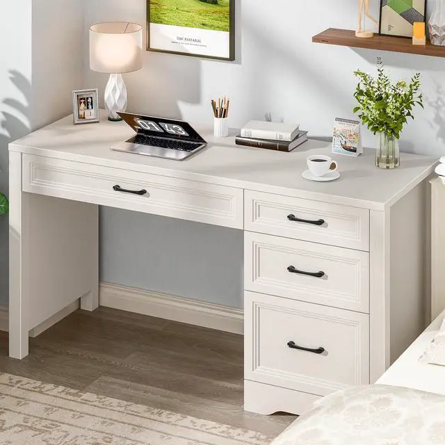 Alt view image 3 of 7 - Vabches Farmhouse Executive Desk with Storage and Ample File Drawer, Rustic Large Home Writing Desk for Bedroom, Pure White