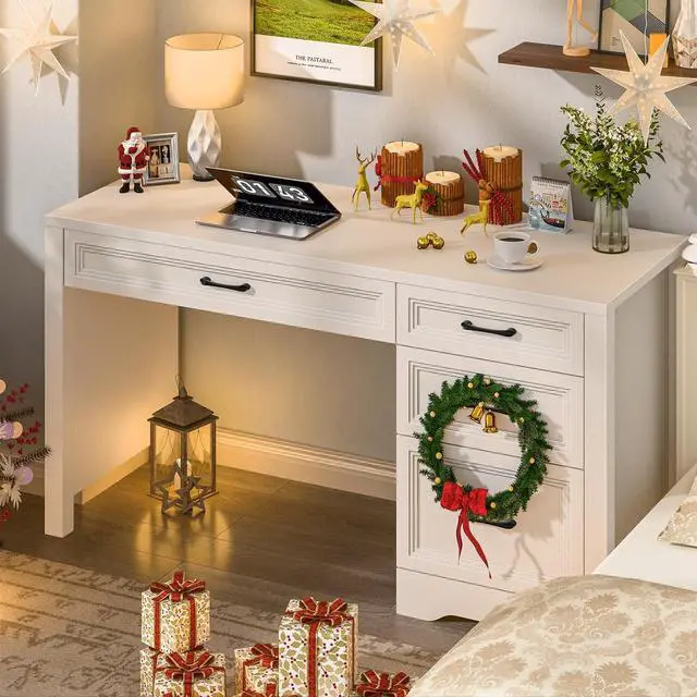 Alt view image 4 of 7 - Vabches Farmhouse Executive Desk with Storage and Ample File Drawer, Rustic Large Home Writing Desk for Bedroom, Pure White