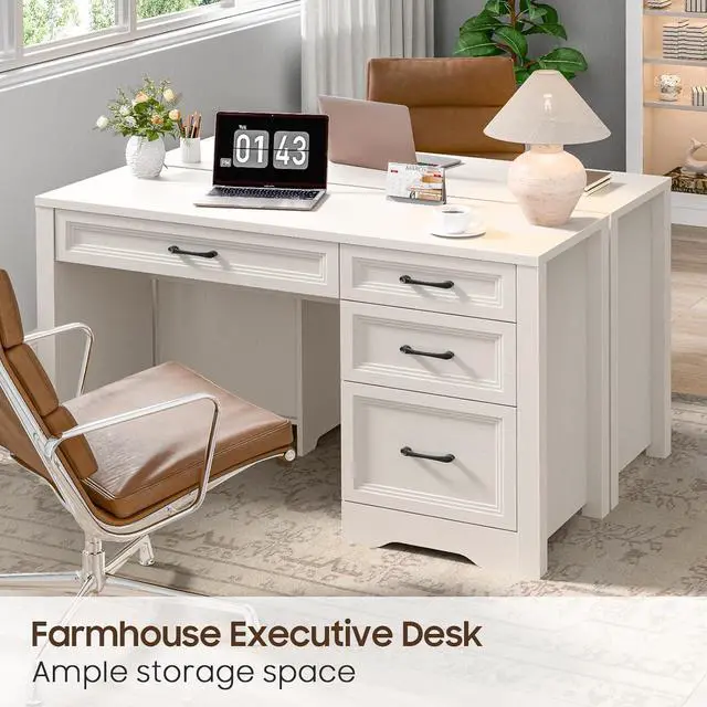 Alt view image 5 of 7 - Vabches Farmhouse Executive Desk with Storage and Ample File Drawer, Rustic Large Home Writing Desk for Bedroom, Pure White