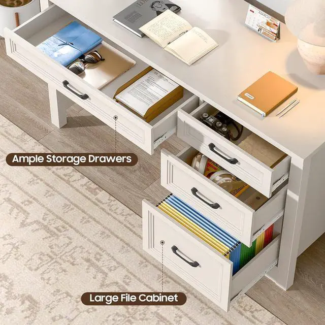 Alt view image 6 of 7 - Vabches Farmhouse Executive Desk with Storage and Ample File Drawer, Rustic Large Home Writing Desk for Bedroom, Pure White