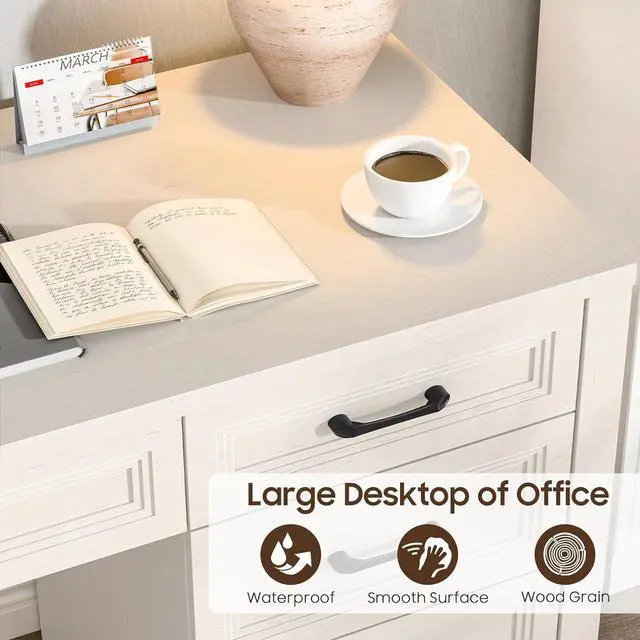 Alt view image 7 of 7 - Vabches Farmhouse Executive Desk with Storage and Ample File Drawer, Rustic Large Home Writing Desk for Bedroom, Pure White