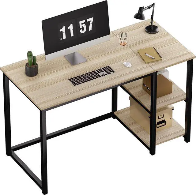 Main image of SINPAID Computer Desk 47 inches with 2-Tier Shelves Sturdy Home Office Desks with Large Storage Space Modern Gaming Desk Study Writing Laptop Table, Oak