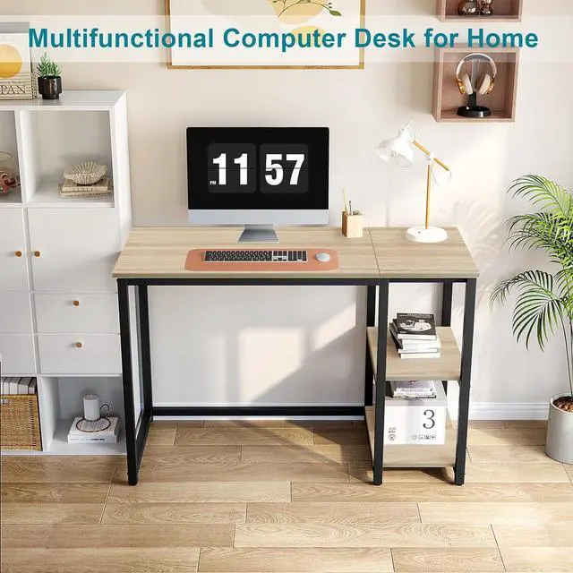 Alt view image 2 of 7 - SINPAID Computer Desk 47 inches with 2-Tier Shelves Sturdy Home Office Desks with Large Storage Space Modern Gaming Desk Study Writing Laptop Table, Oak